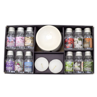 15 Piece Ceramic Tea Light Essential Oil Burner Gift Set | 12 Fragrance Oils 10ml Oil Burner 2 Tealight Candles | Tealight Holder Oil Burner With Tealights And Fragrance Oils ~ Aromatherapy Gift