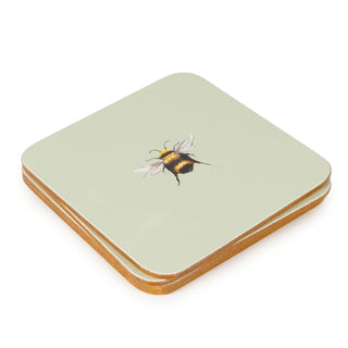 Set of 4 Bee Coasters, 10.5cm Cork Backed Green Drinks Coaster Set