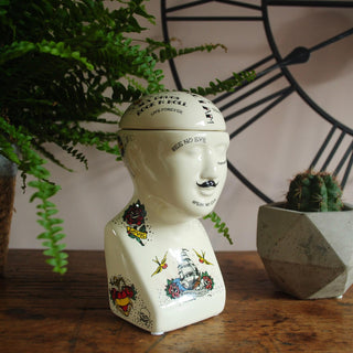 Ceramic Tattoo Phrenology Head Bust Ornament Storage Jar Pot - Novelty Phrenology Storage Head