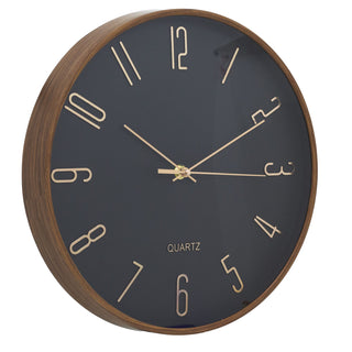 Black & Rose Gold Wall Clock, 30cm Round Wood Effect Quartz Wall Mounted Clock