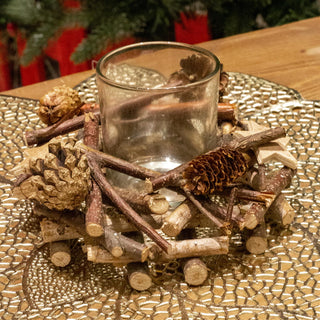 Rustic Wooden Glass Festive Christmas Tealight Candle Holder Decoration Centerpiece