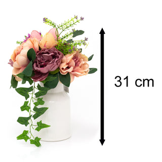 Faux Dusky Peonies & Blooms in White Ceramic Vase | Artificial Bouquet and Vase