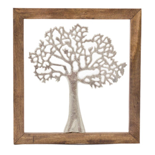 Framed Elegant Silver Tone Tree Of Life Sculpture | Aluminium Family Tree Wall Ornament | Silver Metal Tree Decorative Hanging Wall Art