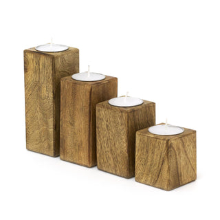 Rustic Set Of 4 Mango Wood Square Tea Light Holders With Votive Candles