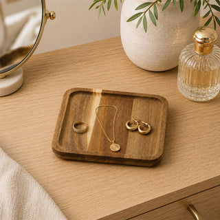 Wooden Trinket Tray, 15cm Acacia Wood Trinket Dish Jewellery Catch-All