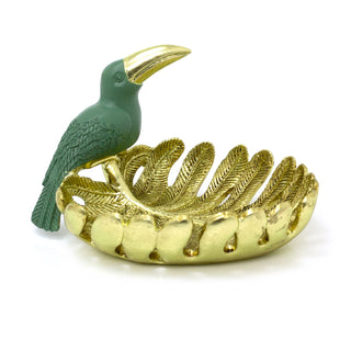 Large Gold Palm Leaf Trinket Dish With Toucan | Tropical Resin Jewellery Dish