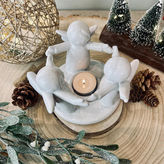 Circle Of Angels Stoneware Tealight Candle Holder | Christmas Tea Light Holder Festive Candle Pot Decoration | Xmas Tealight Votive Holder