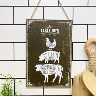 The Tasty Bits Wooden Hanging Plaque Rustic Kitchen Wall Sign Beef Chicken Pork