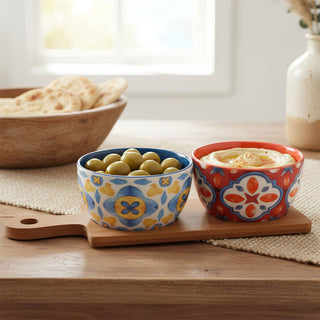 Tuscany Set of 2 Ceramic Snack Bowls with Wooden Paddle Serving Tray - 25cm