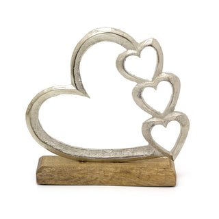 20cm Elegant Silver Metal Heart Ornament | Silver Love Hearts On Wooden Base Sculpture | Love Heart Ornament Valentines Anniversary Wedding Gifts