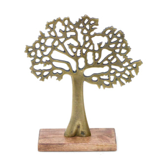Elegant Gold Tone Tree Of Life Sculpture | Aluminium Tree Ornament Jewellery Stand | Gold Metal Tree Decorative Ornament On Wooden Base