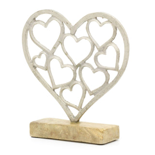 Elegant Silver Metal Love Heart Ornament | Silver Hearts On Wooden Base Sculpture | Anniversary Wedding Gifts