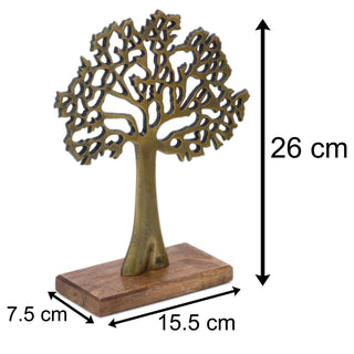 Elegant Gold Tone Tree Of Life Sculpture | Aluminium Tree Ornament Jewellery Stand | Gold Metal Tree Decorative Ornament On Wooden Base