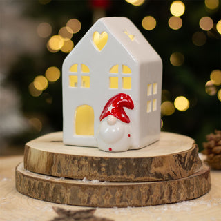 White Ceramic LED Christmas House with Gonk | Light Up Festive Decoration - 11cm