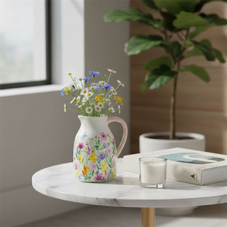 Floral Vase, 18cm Ceramic Flower Jug Multicoloured Pink Handle Spring Home Decor