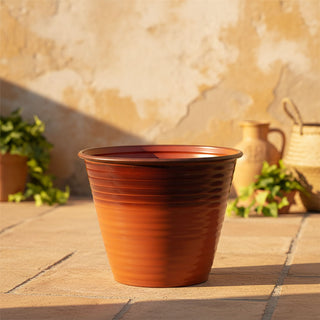 Ombre Ribbed Metal Plant Pot, 26cm Round Outdoor Flower Pot, Planter for Garden