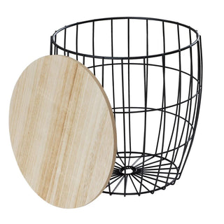 Set Of 3 Round Black Metal Side Tables | Wooden Top Storage Basket End Tables