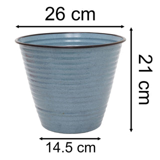 Blue Ribbed Metal Plant Pot, 26cm Round Outdoor Flower Pot, Planter for Garden