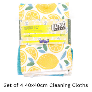 Ultra Clean 4 Piece Microfibre Cloth Set 40cm | Lemon And Turquoise Cleaning Clothes | Large Microfiber
