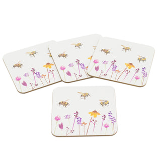 Set Of 4 Busy Bees Floral Coasters | Honey Bee Square Coaster Set | Bumble Bee Cup Mug Table Mats