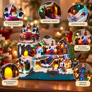 Large LED Animated Christmas Alpine Village Scene, 45cm Moving Train Display