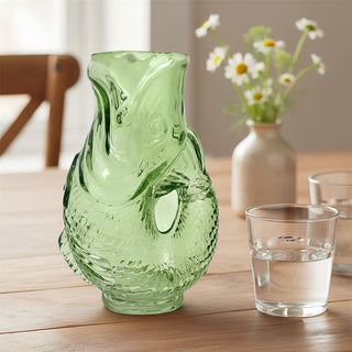 Green Glass Fish Jug, 20cm Coloured Glass Pitcher Vase Nautical Fish Ornament