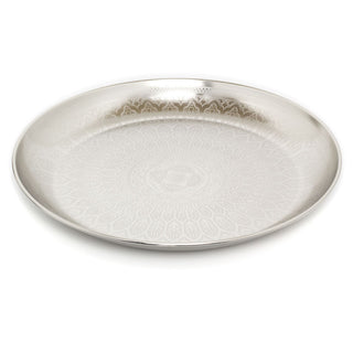 Elegant Silver Metal Mandala Flower Display Dish | Round Decorative Presentation Bowls | Ornament Candle Tray Plate - 33cm