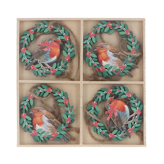 Set of 8 Wooden Robin In Wreath Christmas Tree Decorations, Gisela Graham 5.5cm