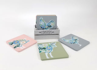 Set Of 6 Floral Animal Wooden Coasters | 6 Piece Coasters With Holder Cup Mug Table Mats | Wood Drinks Coaster Set