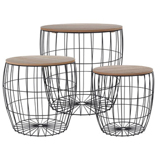 Set Of 3 Round Black Metal Side Tables | Wooden Top Storage Basket End Tables