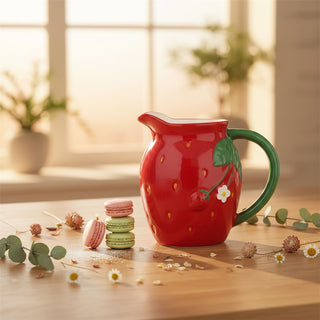 Strawberry Shaped Ceramic Jug, 1.2L Drinks Pitcher Water Serving Jug - 17cm