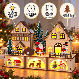 LED Christmas Village Decoration, 27cm Wooden Light Up Houses with 6/18h Timer