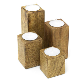 Rustic Set Of 4 Mango Wood Square Tea Light Holders With Votive Candles