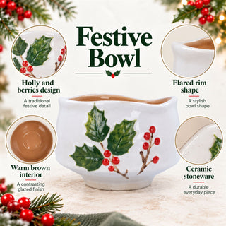 Holly & Berries Christmas Serving Bowl, Gisela Graham Ceramic 12.5cm