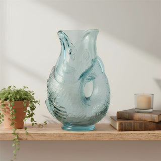 Blue Glass Fish Jug, 20cm Coloured Glass Pitcher Vase Nautical Fish Ornament