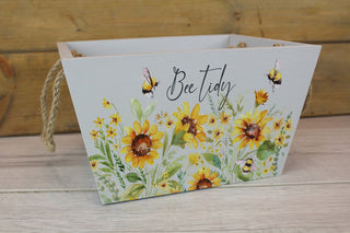 Shabby Chic Floral Bee Crate Hamper | Decorative Grey Bee Tidy Wooden Crate | Honey Bee Storage Box With Handles