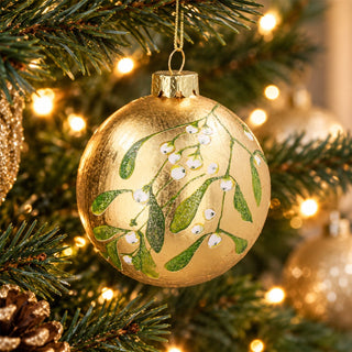 Gold Mistletoe Glass Christmas Bauble, Gisela Graham Tree Decoration 8cm