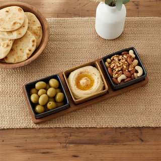 Set of 3 Square Ceramic Snack Bowls with Acacia Wood Serving Tray - 28cm