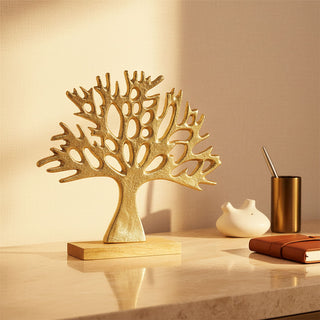 Tree of Life Ornament, 24cm Gold Metal Tree Sculpture on Mango Wood Base