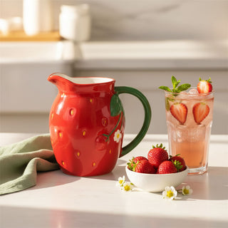 Strawberry Shaped Ceramic Jug, 1.2L Drinks Pitcher Water Serving Jug - 17cm