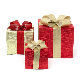 Set Of 3 LED Light Up Christmas Present Boxes | 3 Piece Red & Gold Light Up Xmas LED Gift Boxes | LED Christmas Parcels Christmas Decorations