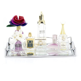 Art Deco Silver Mirrored Display Tray | Perfume Jewellery Cosmetic Organiser | Decorative Metal Double Vanity Dish 35cm