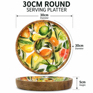 Citrus Chip and Dip Serving Platter, 30cm Wooden Round Serving Tray for Nibbles