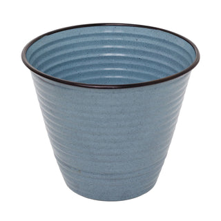 Blue Ribbed Metal Plant Pot, 26cm Round Outdoor Flower Pot, Planter for Garden