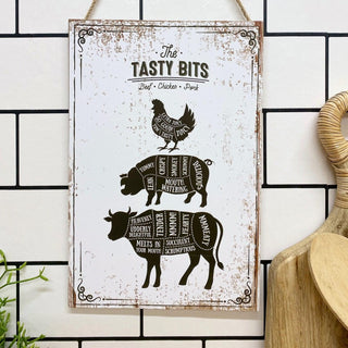 The Tasty Bits Wooden Hanging Plaque Rustic Kitchen Wall Sign Beef Chicken Pork