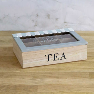 Tea Rooms Wooden Tea Box Caddy | 6 Compartment Tea Bag Storage Kitchen Organiser