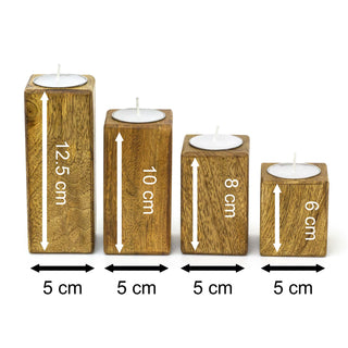 Rustic Set Of 4 Mango Wood Square Tea Light Holders With Votive Candles