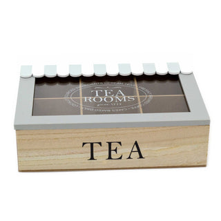 Tea Rooms Wooden Tea Box Caddy | 6 Compartment Tea Bag Storage Kitchen Organiser