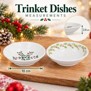Pack Of 2 Christmas Trinket Dishes, Holly & Snowflake, Gisela Graham 10cm