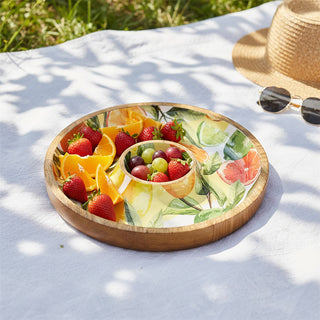 Citrus Chip and Dip Serving Platter, 30cm Wooden Round Serving Tray for Nibbles